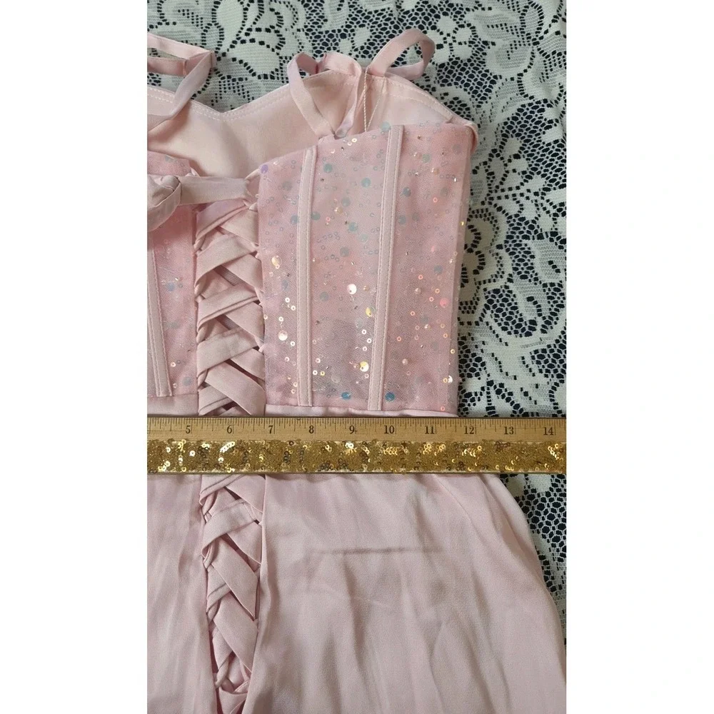 Pink Satin Formal Maxi Dress 0 Corset  Ruched Adjustable Sheer Bodice Scarf NWT